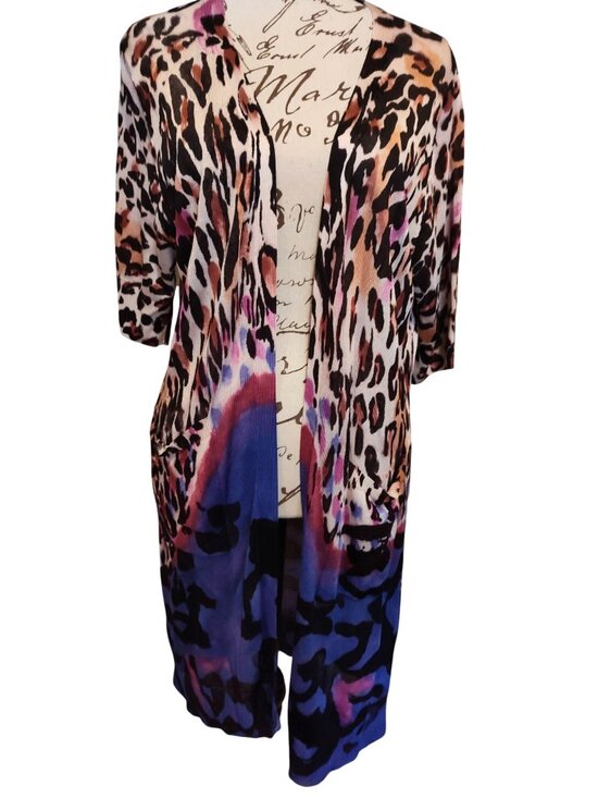 Adore Sweaters - ADORE Animal Print Open Front Drape Cardigan With Pockets & 3/4 Sleeves Multicol